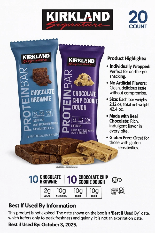Kirkland протеиновые батончики упаковка 40 шт. — шоколадный брауни и тесто для печенья, 2,12 унции каждый - Изображение 3 из 4