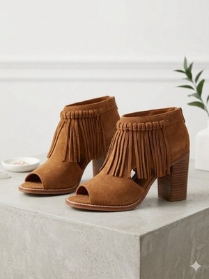 Sbicca Vintage Collection Brown Leather Fringe Open Toe Ankle Bootie Zip 8