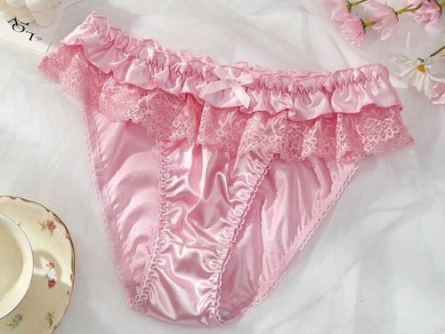 Glossy Silky Pink 2nd Skin Satin & Ruffled Lace Bikini Panties XL NEW