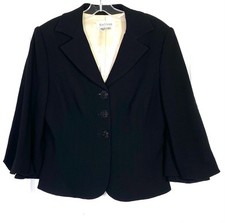 KAY UNGER Black Wool Silk Crepe 3-Button Rhinestone Dress Blazer Jacket 12 L