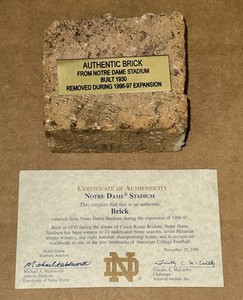Notre Dame Stadium Authentic Column Brick Built 1930 Removed 1996-97 Reno w/ COA