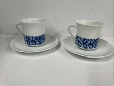 Set of 2 Cups Saucers 1970s Blue Floral MCM Rosenthal Thomas Germany
