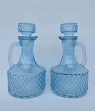 2 Glass Cruet Decanter Oil Vinegar Ice Blue Diamond Cut Stopper 6 7/8” MCM