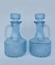 2 Glass Cruet Decanter Oil Vinegar Ice Blue Diamond Cut Stopper 6 7/8” MCM