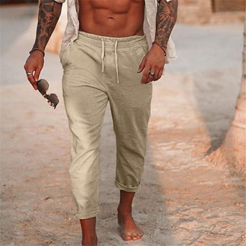 Mens Drawstring Cotton Linen Pocket Casual Solid Color Summer Loose Beach Pants - Bild 6 von 17