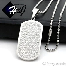 24"MEN Stainless Steel 2.5mm Silver Beaded Chain Necklace CZ Dog Tag Pendant*P43