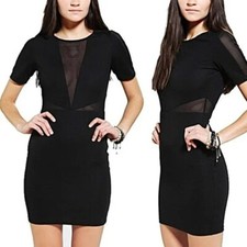 Lucca Couture Black Mesh Panel Bodycon Mini Dress Small Short Sleeve Zipper Back