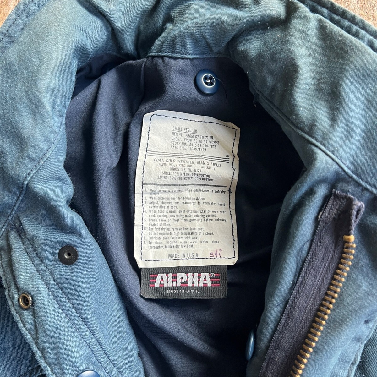 Alpha Industries M 65 USA Made Vintage Men's Scovill Blue Military