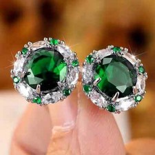 3Ct Round Cut Lab-Created Green Emerald Halo Stud Earrings 14K White Gold Plated