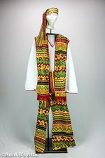 Hippie Costume 5 Pc Multi Colored Bell Bottom Pants Shirt Vest Sash  Headband