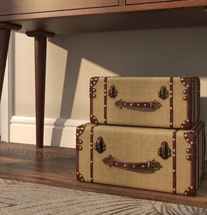 Vintage Wooden & Burlap Decorative Farmhouse Nesting Trunks - Set of 2 - Image 3 of 4