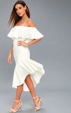 LULU'S Sz XS Here I Glam WHITE Asymmetrical Off-The-Shoulder Midi Dress