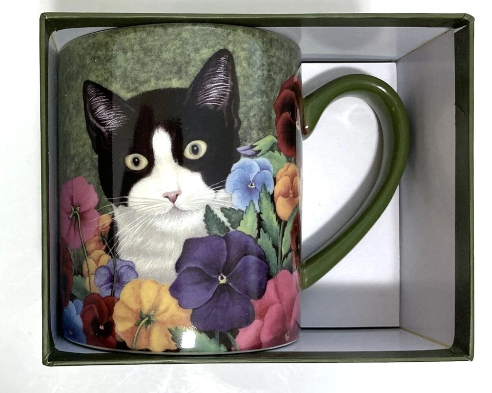 Taza de cerámica con flores de pensamiento de gato de esmoquin de 14 oz con caja de regalo a juego Lang 2012 Foto 2 de 4