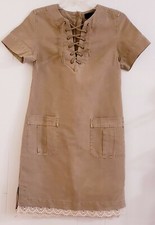 J Crew Women Dress Sz 0 Safari Tan Linen Blend LaceUp Short Sleeve Pockets F1971