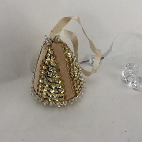 Vintage Push Pin Gold Beaded Pearls Sequins Bell Christmas Ornament - Picture 1 of 7