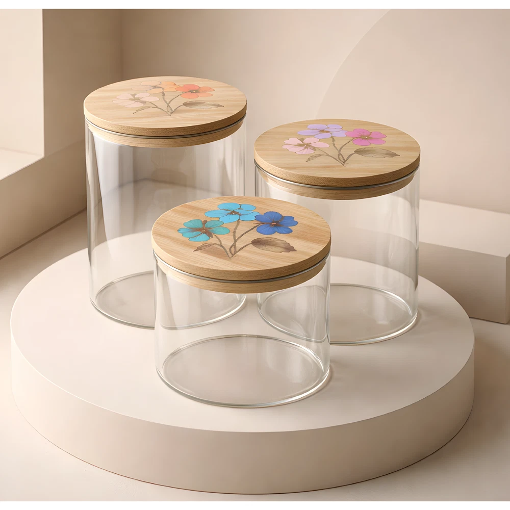 Set of 3 glass storage jars - hand painted lids