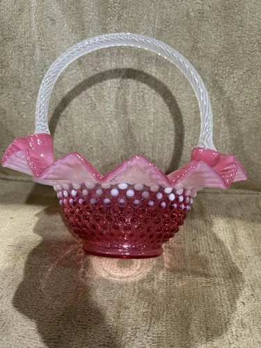 Rare Fenton Opalescent Cranberry Glass Ruffled Rim Hobnail 10” Basket