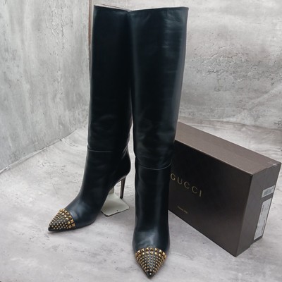 Womens GUCCI Excellent Condition GUCCI Ladies Long Boots Studs Leather 38 Black