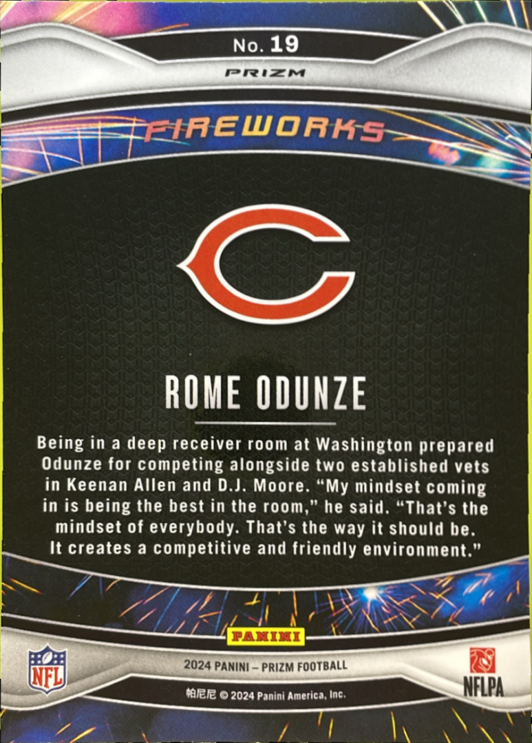 信義の神オケチラ マスターピース 大草原の川 EXP foil セット 2024 Panini Prizm Rome Odunze Fireworks Green Wave RC #19 Chicago