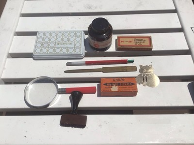 VINTAGE OFFICE SUPPLY LOT SANFORD S STAMP PAD INK MAGNIFYING GLASS LABELS TABS