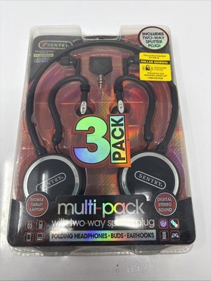 Sentry Portable Noise Reduction Headphones Earhooks Earbuds Black 3-Pack SEALED