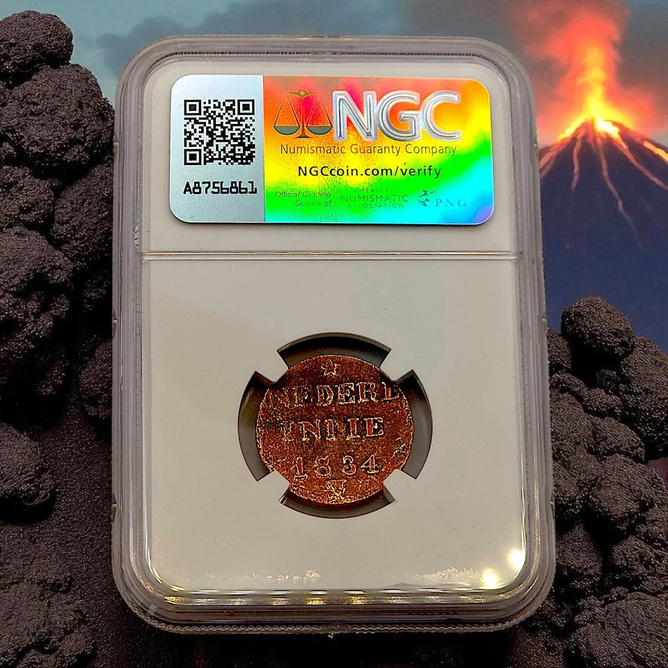 Centavo de las Indias Neerlandesas 1834 - NGC genuino - tesoro de erupción volcánica Krakatoa Foto 2 de 3
