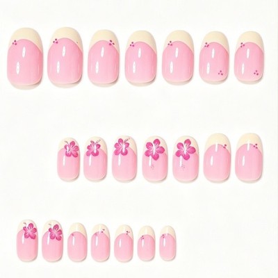 Press On Nails 24 Stück ovale Blumenmuster für French Style Nägel