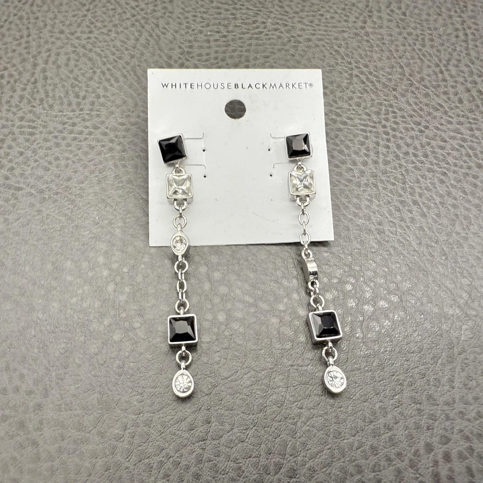 White House Black Market Earrings Dangle Silver Black Clear Crystal Pierced 3" - Image 2 of 4