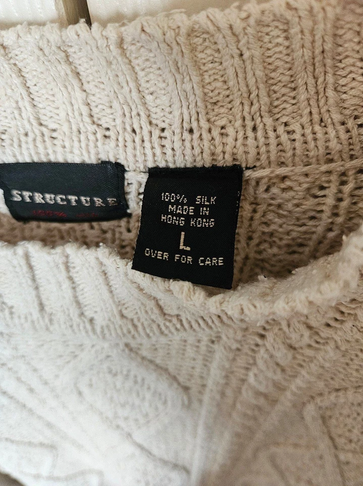 Vintage 90s structure mockneck cable knit fisherman style sweater 100 silk L - Image 3 of 4