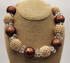 Collana Vintage In Vetro Artigianale Rosa Trasparente E Palline In Juta 18"