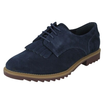 Clarks Griffin Mabel Navy Suede Lace Up Flat Derby Fringe Ladies Shoes size  34 UK