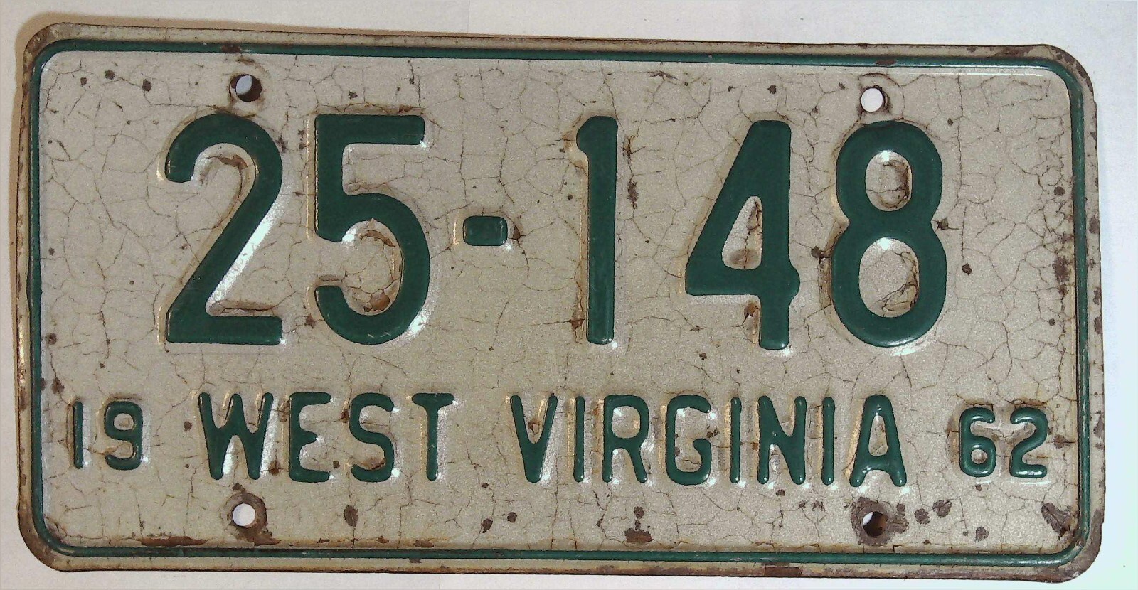 West Virginia WV License Plate Tag 1962 # 25-148 County 25 ? A
