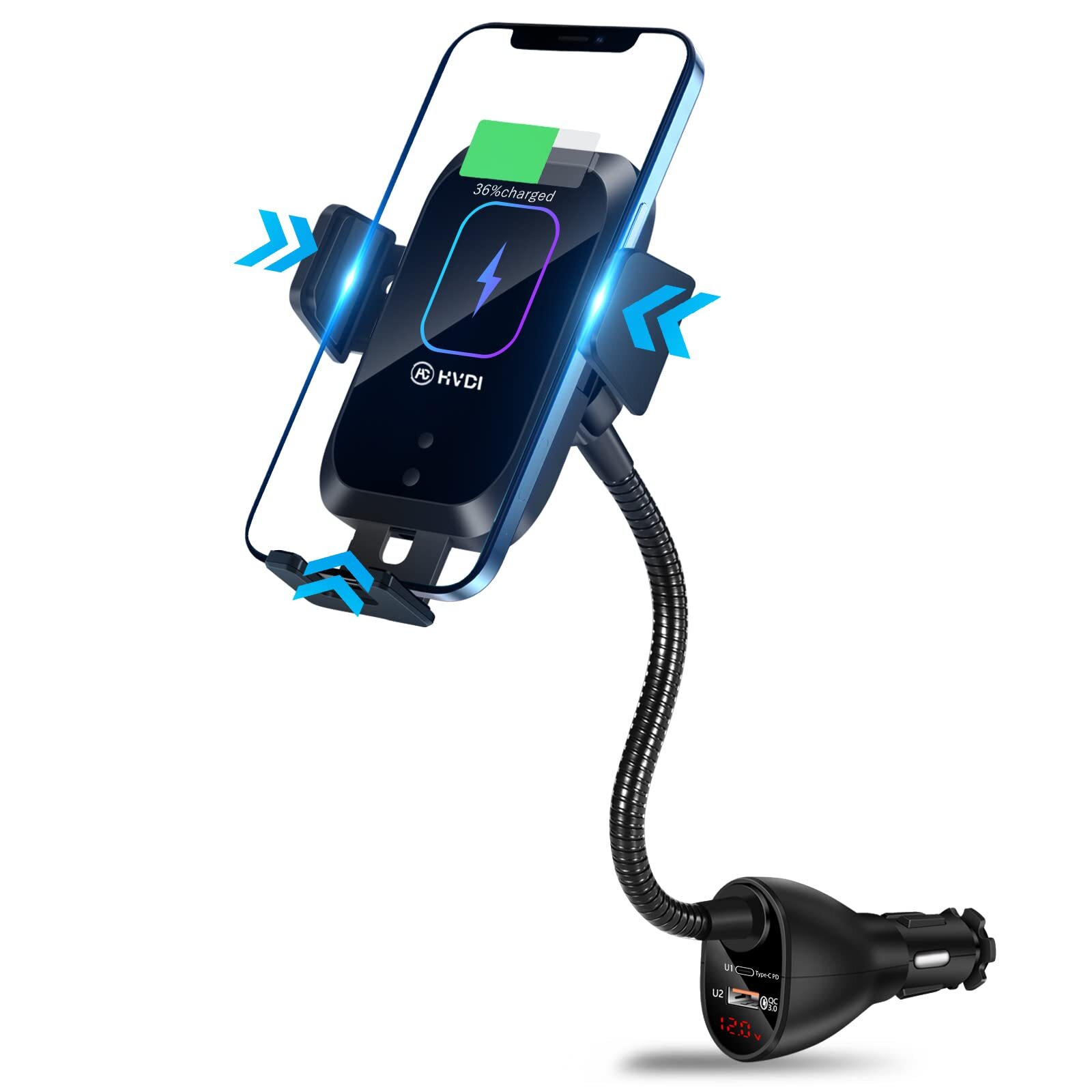 15W Qi Wireless Car Charger Mount with Auto-Clamp and Cigarette Lighter Fast Charging