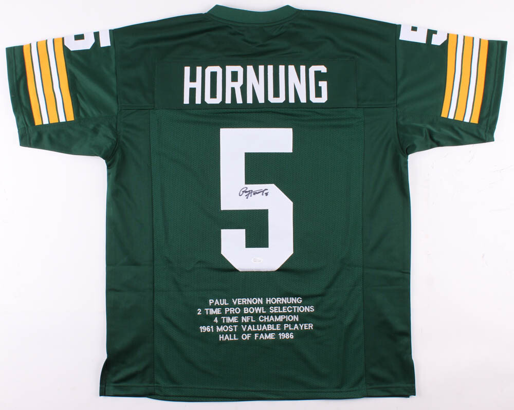PAUL HORNUNG AUTOGRAPHED CUSTOM STAT JERSEY (GREEN BAY PACKERS) - JSA COA! 