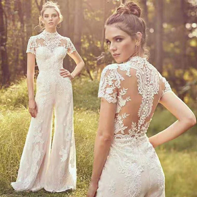 Jumpsuit Lace Applique Short Sleeve O-Neck Illusion Back lesbian Wedding  Dress