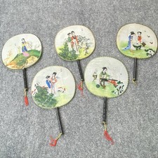 VTG Chinese Silk Paddle Hand Fans Set of 5 Hand Painted Bamboo Handles 70s - 90s