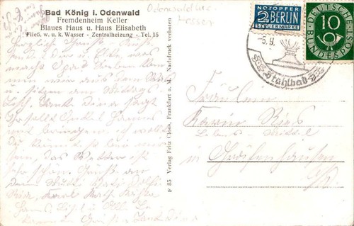 AK GRUSS AUS BAD KÖNIG ODENWALD KREIS BLAUES HAUS + HAUS ELISABETH 1951 HESSEN - 第 2/2 張圖片