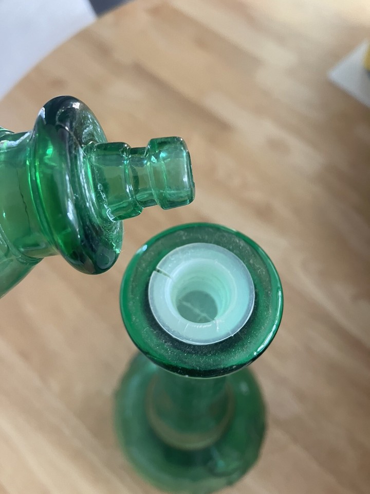 Vintage Green Glass Flower Genie Bottle With Original Glass Top Rare