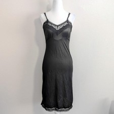 Vintage Black Gothic Lace Satin V-neck Nylon Slip Dress Coquette  Size XS
