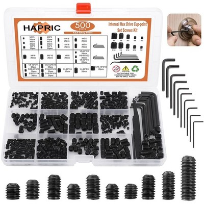 500 Pcs 25 Size Set Screws Metric&Sae Set Screw Assortment Kit 12.9 Alloy Steel