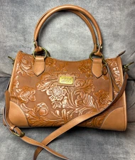 frye and co. core satchel brown faux leather floral tooling design chic boho