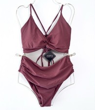 Zaful Mauve Twist Front Lace Up Ruched High Waist Bikini Swimsuit Size L NWT