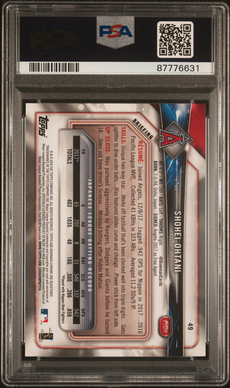 Shohei Ohtani RC 2018 Bowman PSA 9 Los Angeles Angels view 2
