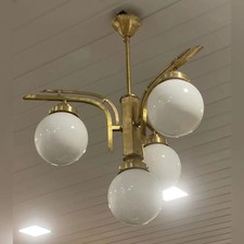 Antique Vintage Art Deco Old Fixture Ceiling Brass Hanging Chandelier Light Milk