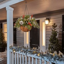 Pre-lit Christmas Hanging Basket LED Lights Artificial Red Berries Pine Cones