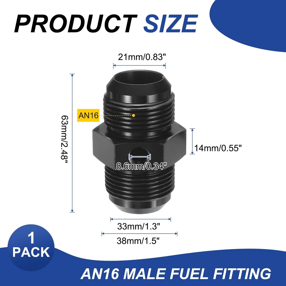 AN16-AN16 Male Fuel Fitting, Fit 1" Hole 2.48" Length Aluminum Straight, Black - Imagem 2 de 4