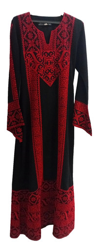 Traditional Palestinian Jordanian Embroidered Thobe Dress Black Red Women Size M