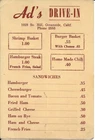Ad's Drive-In vintage menu Oceanside CA; hamburger 35 cents, Coca Cola 10 cents