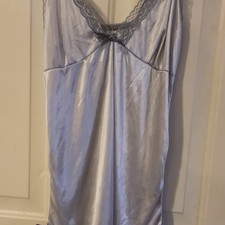 Silver Satin Lace Trim Chemise Nightgown Slip Adjustable Straps V-Neck Bow