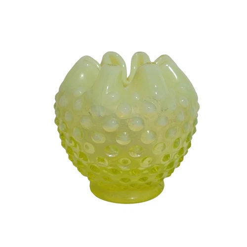 Vintage Fenton Vaseline Uranium Glass Topaz Opalescent Hobnail Rose Bowl Vase